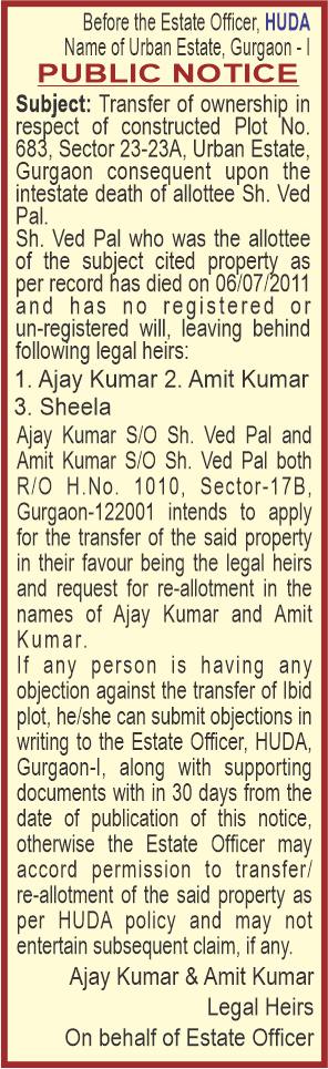 Notice ads Gurgaon Legal heirs