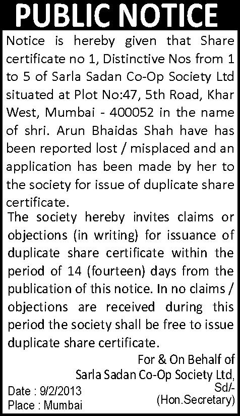 Notice of loss of share certificate